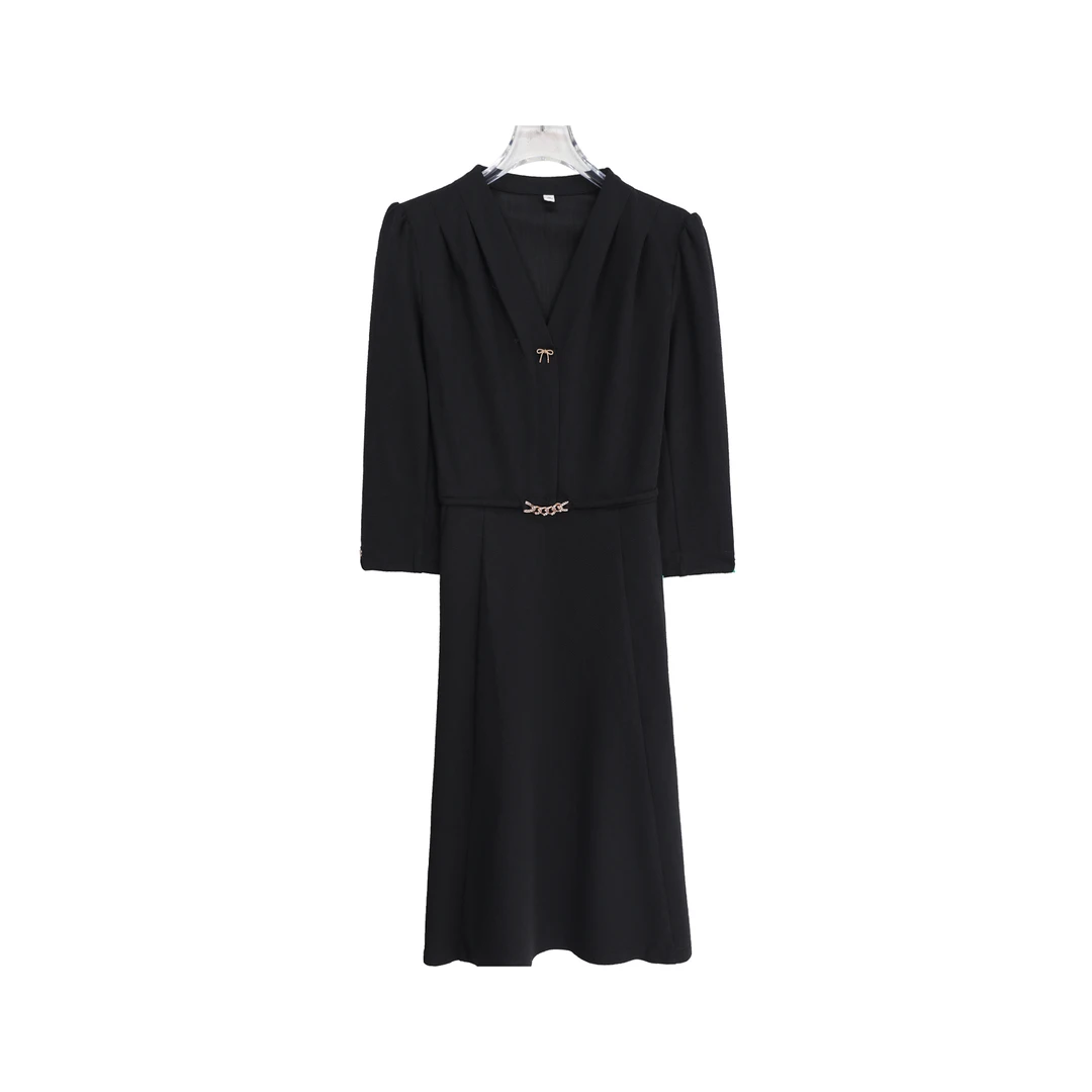 轻奢提花气质通勤V领收腰百搭优雅连衣裙S3502