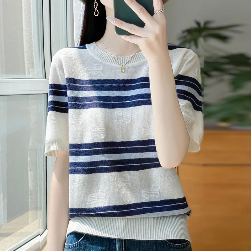 时尚女装品牌新款条纹圆领T恤女冰丝凉感条纹时尚宽松短袖上衣