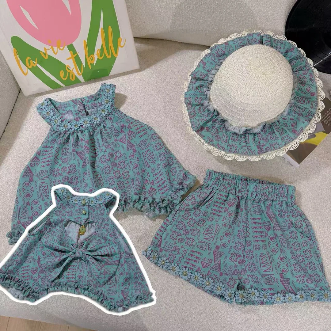 女童夏季民族风国风套装2025新款儿童宝宝镂空背心短裤两件套超