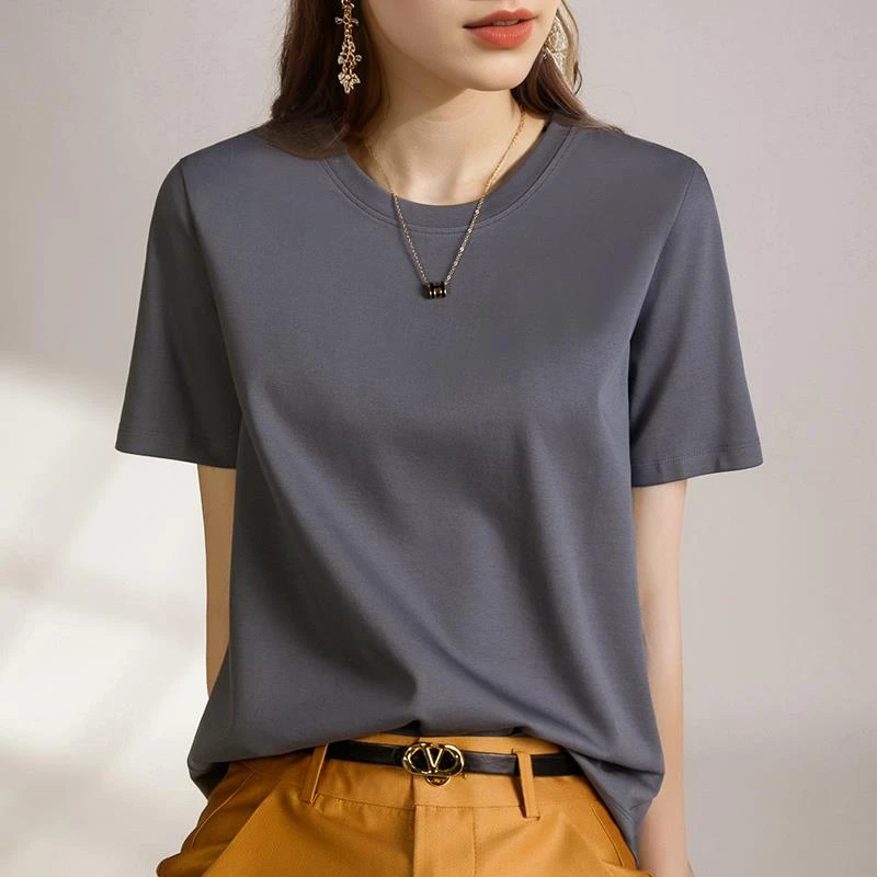 FAVMARTHA正肩丝光棉t恤女短袖2025新款夏修身圆领半袖体恤高端打