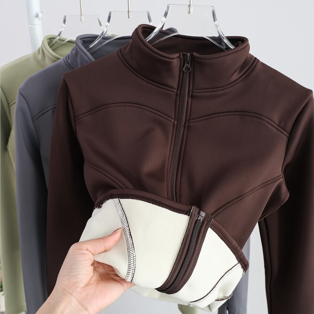 秋冬加厚薄绒瑜伽外套女长袖开衫立领显瘦保暖运动上衣夹克健身服