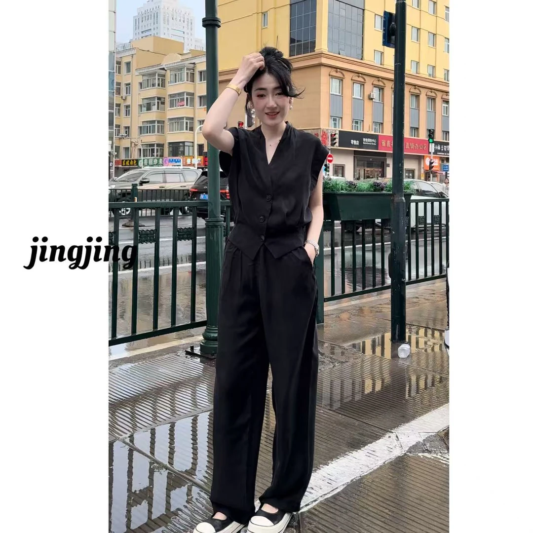 夏季时尚法式气质显瘦百搭无袖衬衫阔腿裤套装（25582）