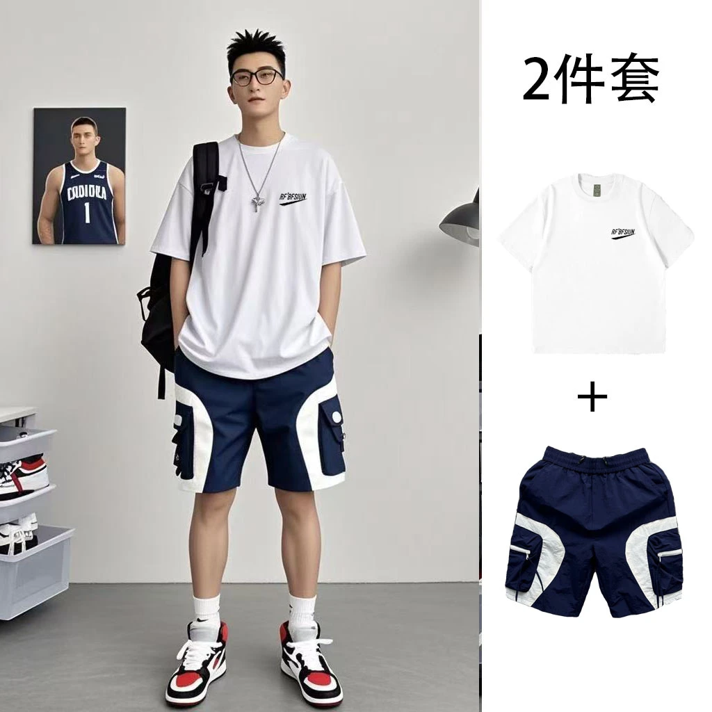 两件套日系字母印花纯棉短袖t恤男五分袖ins潮牌抽绳休闲短裤套装