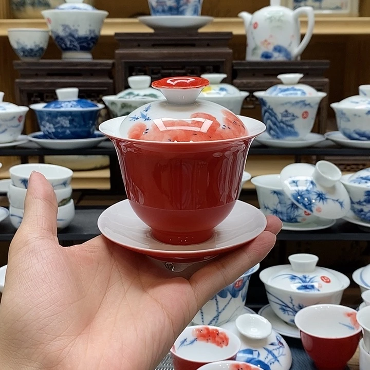 手绘盖碗龙船花高温瓷釉下彩微瑕福利款