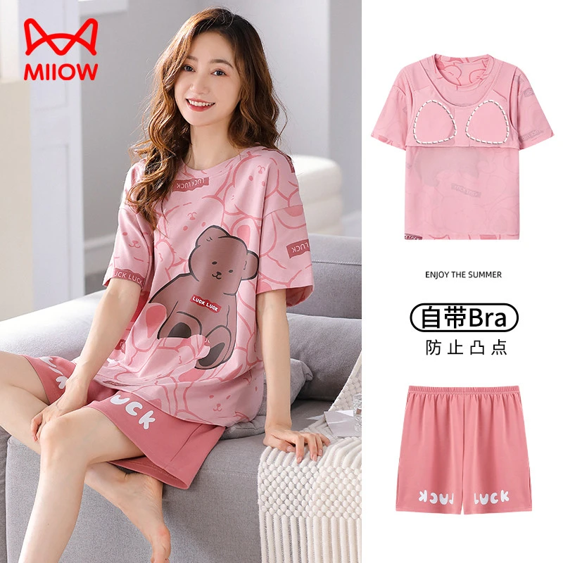 猫人睡衣女式夏季短袖短裤纯棉卡通风高颜值夏天家居服带胸垫套装