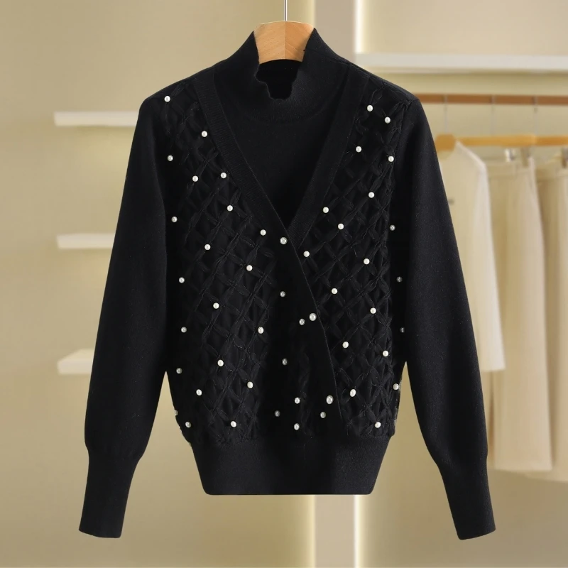 【伍莎-自营】假两件高领珠珠装饰修身针织衫#QQB48M027