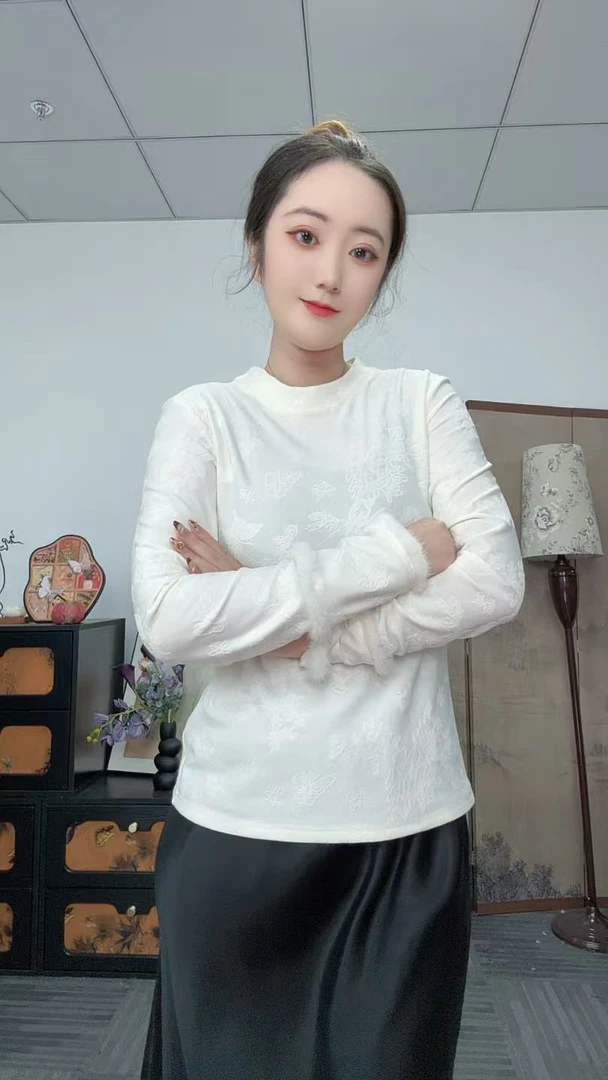 秋冬季新中式加绒加厚带水貂圆领打底上衣
