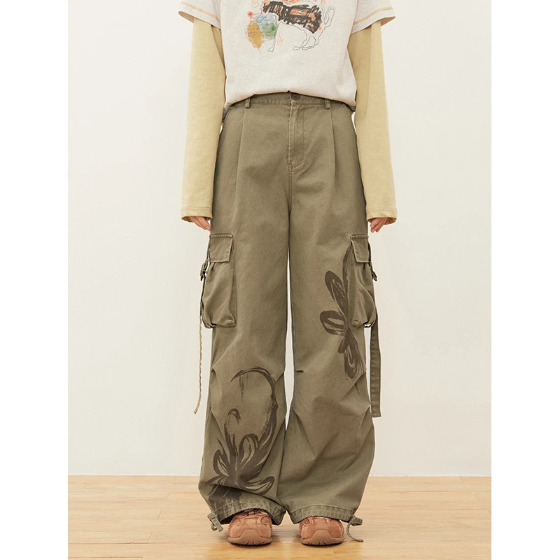 【芋总专属】KZ10012日系复古纯棉水洗花卉印花阔腿工装裤火山马