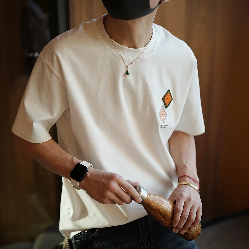 港风休闲几何刺绣设计感短袖t恤男士夏季潮流爆款简约百搭圆领T恤