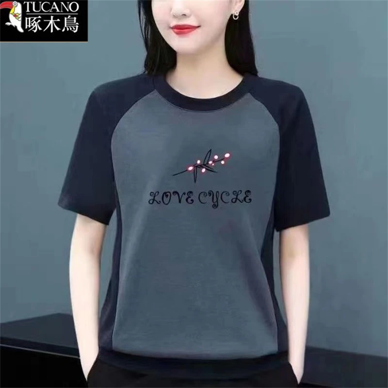 啄木鸟新款圆领T恤韩版休闲ins潮2025年夏季女装短袖拼色印花上衣