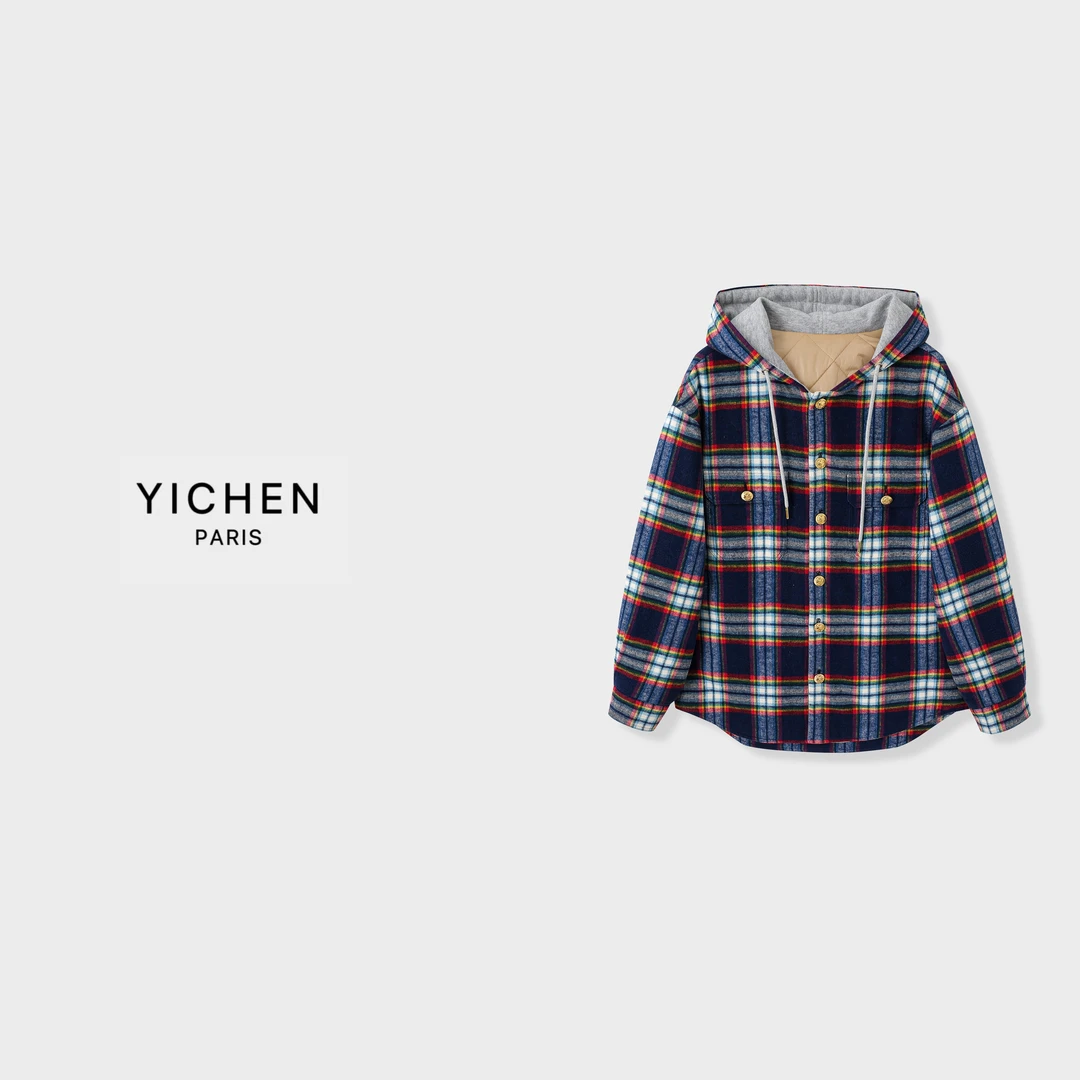 YC 蓝色格纹双口袋连帽抽绳夹棉外套 4069