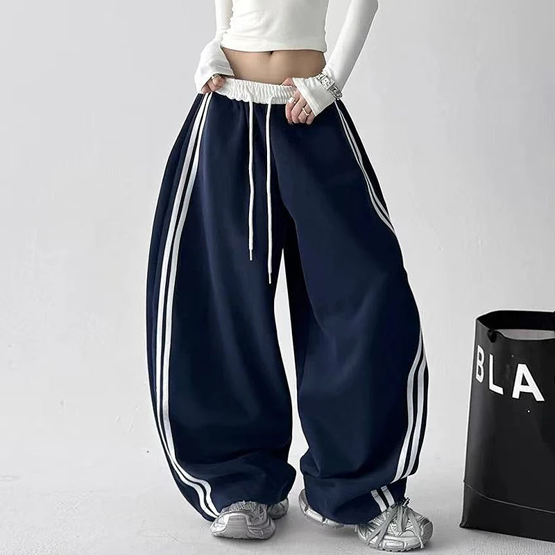 韩系气质简约设计感条纹拼接高腰阔腿裤女早秋新款宽松直筒休闲裤