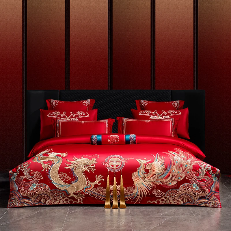 大红中式婚庆刺绣四件亲肤棉床单被套结婚床上用品亲肤棉四件套