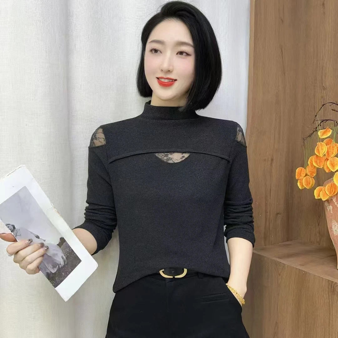 【韩紫朵】2025新品洋气加绒保暖蕾丝拼接上衣女长袖89065