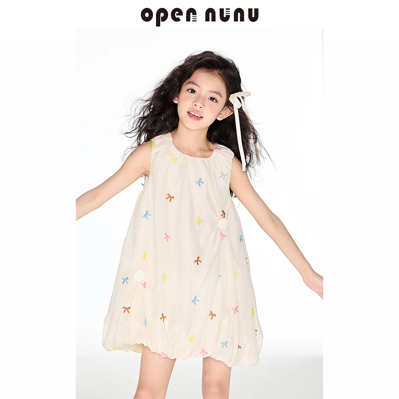 Opennunu芭蕾美学五彩蝴蝶结刺绣花苞裙女童夏新款无袖连衣裙夏季