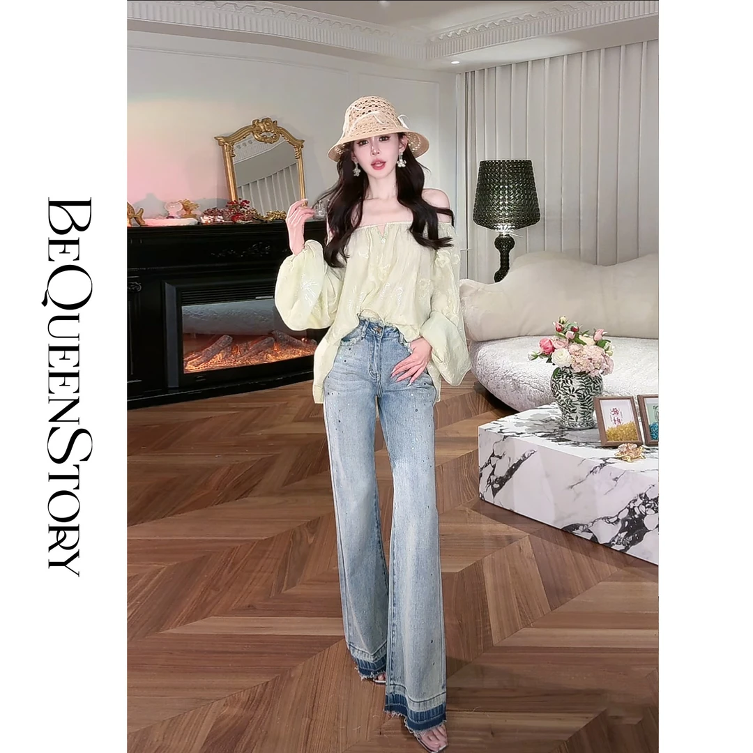 BeQueenStory【冰钻彩虹糖】烫钻撞色设计直筒牛仔裤精致复古2025