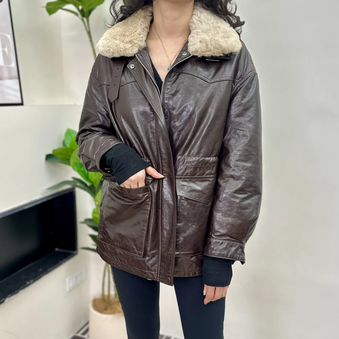JJ私服 油蜡绵羊皮鹅绒保暖中长款收腰女士皮衣外套
