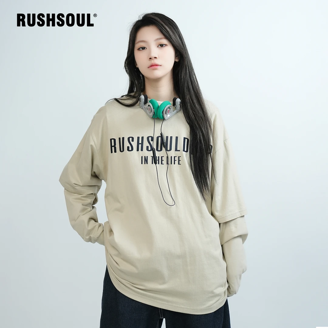 RUSHSOUL重磅纯棉假两件宽松拼接圆领百搭长袖T恤