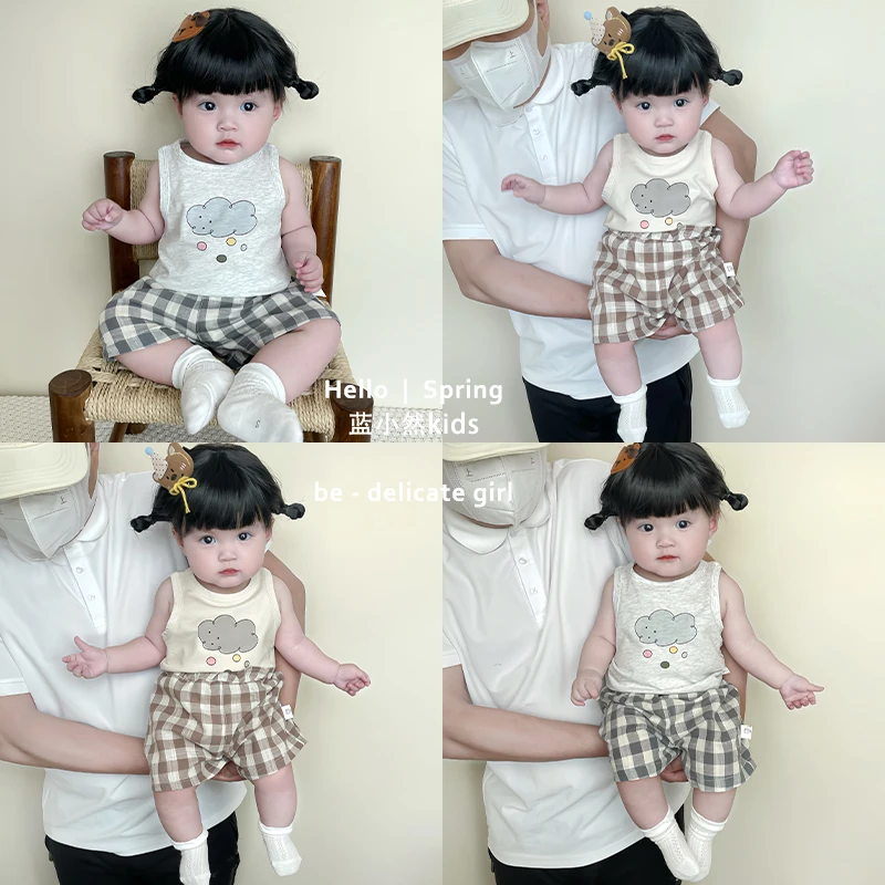 K25X122儿童夏季韩版洋气百搭男女宝中性背心格子两件套女童薄款