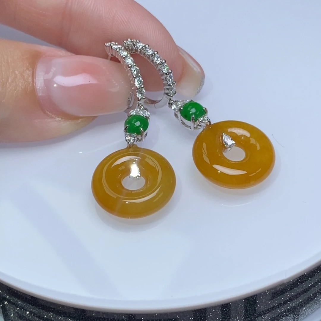 翡翠18K金镶嵌耳饰冰红翡甜甜圈