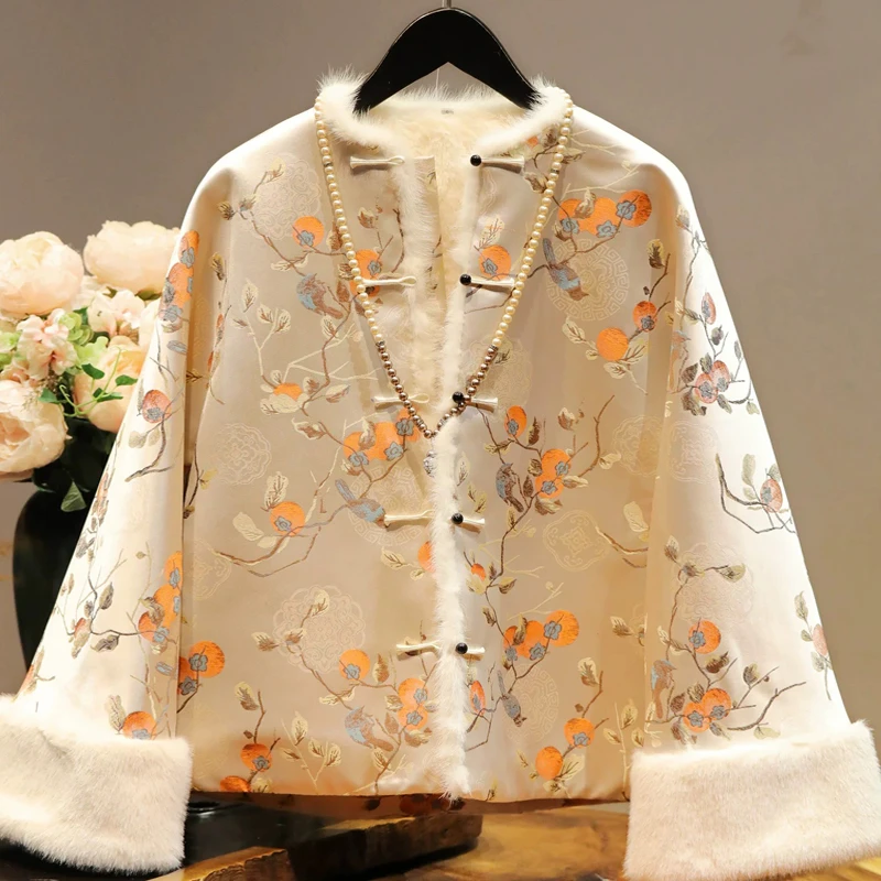 【柿柿如意】中式国风宋锦提花外套2025冬季棉衣唐装水貂毛边棉服女