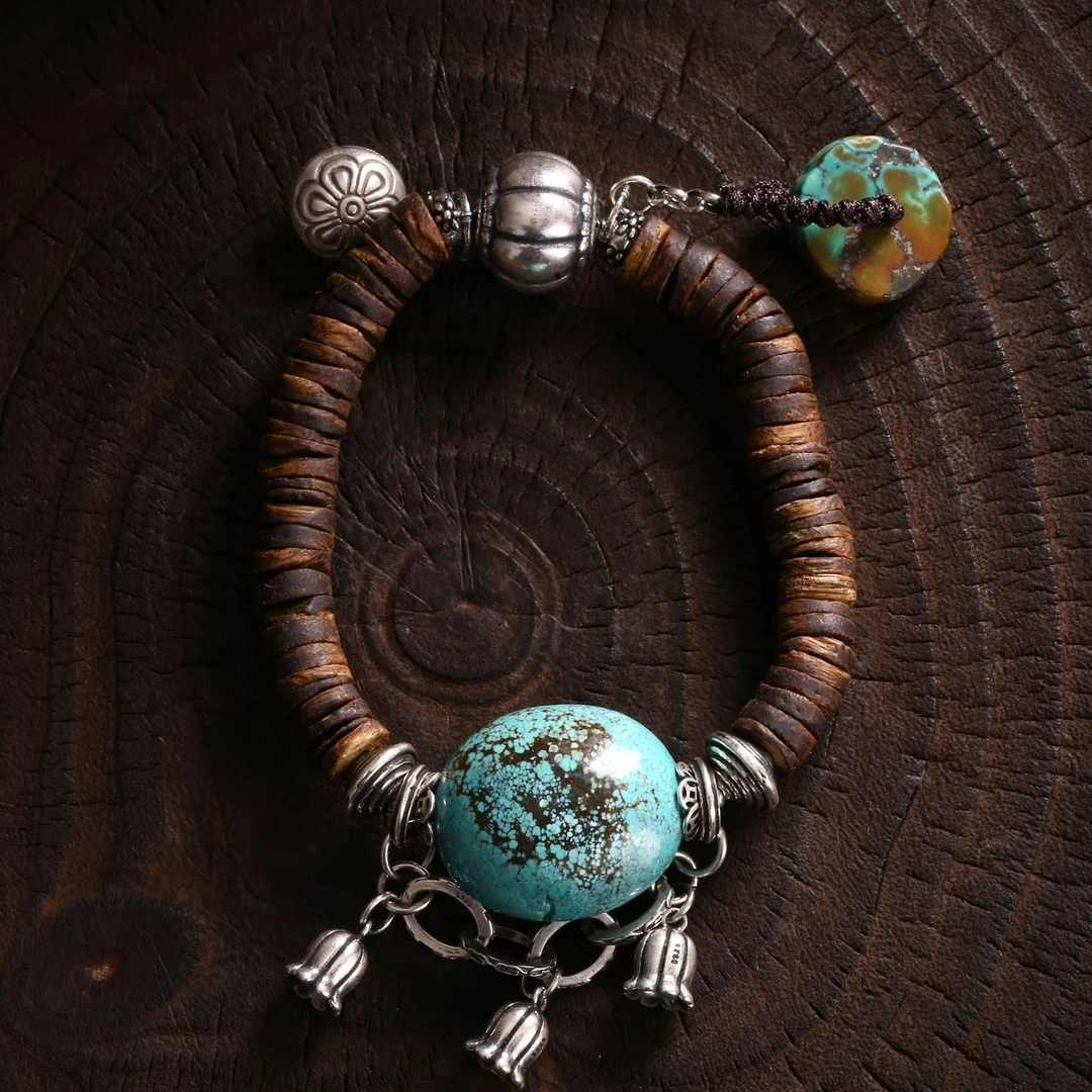 925银木质手链 S10578 随形大蓝珠风铃花流苏瓜珠香片手链新中式