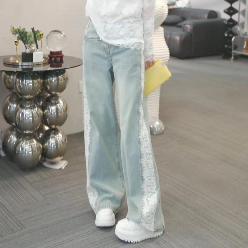 高级感显瘦蕾丝拼接牛仔裤女2025年春季新款韩系爆款百搭直筒长裤