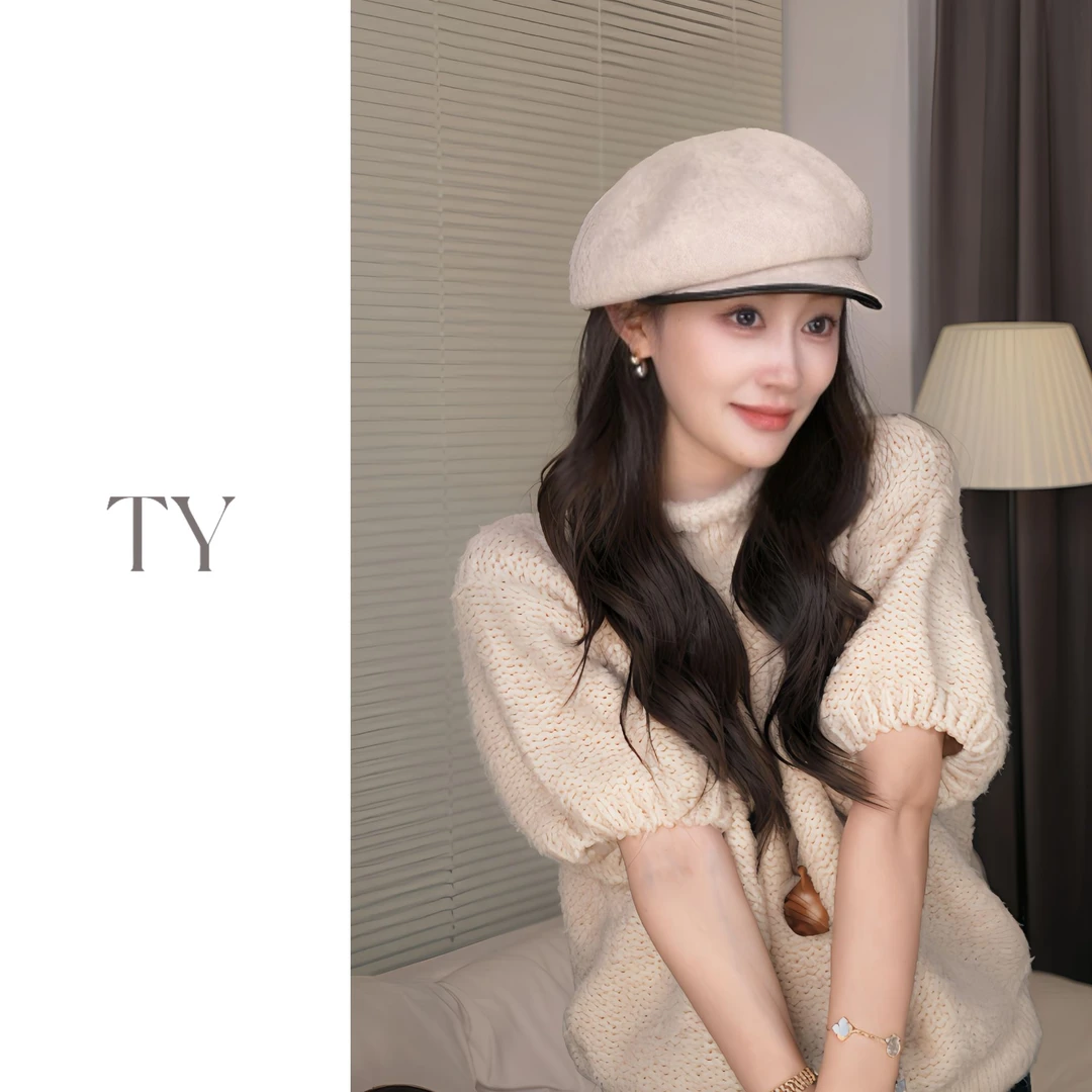 秋冬复古时髦羊毛报童帽白色女时尚百搭保暖纯色画家帽显脸小