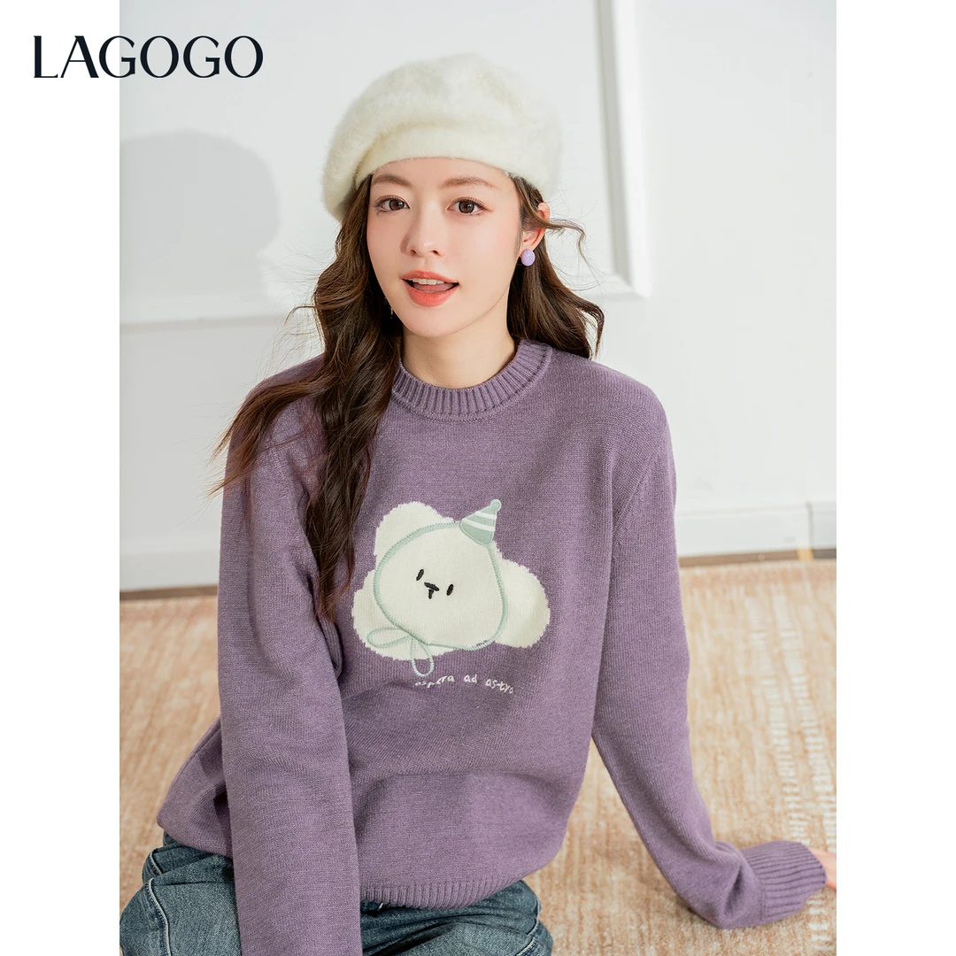 lagogo拉谷谷2025年新款浪漫紫色小狗甜美通勤毛衣女OCMM479GH2
