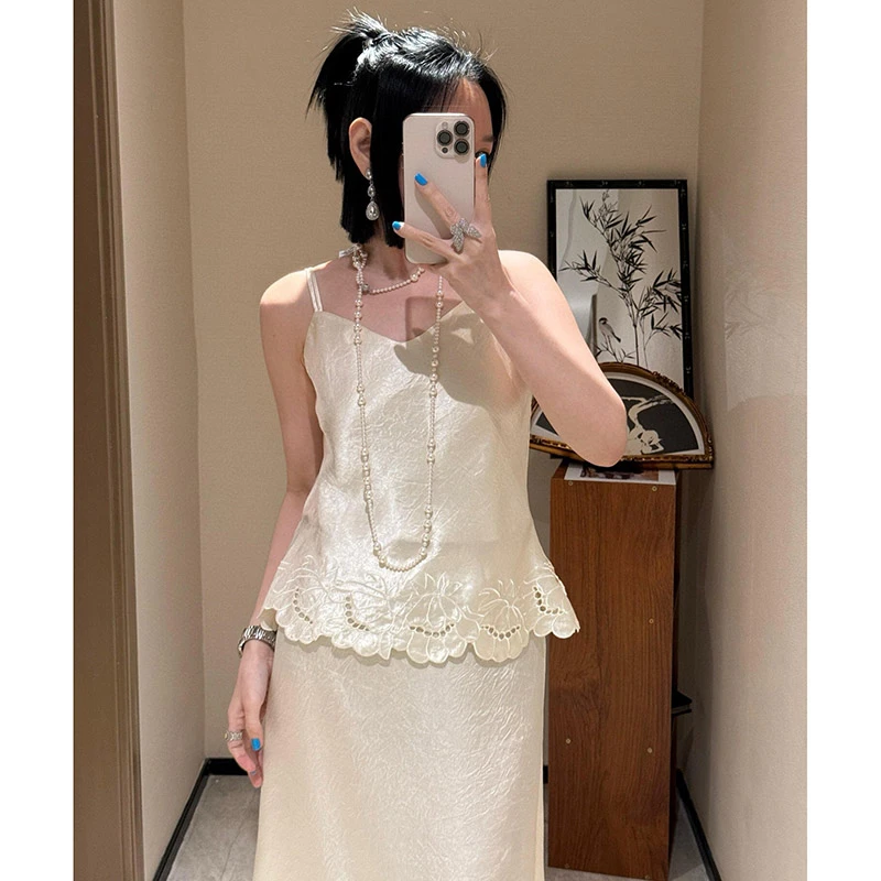 新中式蕾丝花边吊带背心女装夏季大码绝美缎面无袖内搭打底上衣