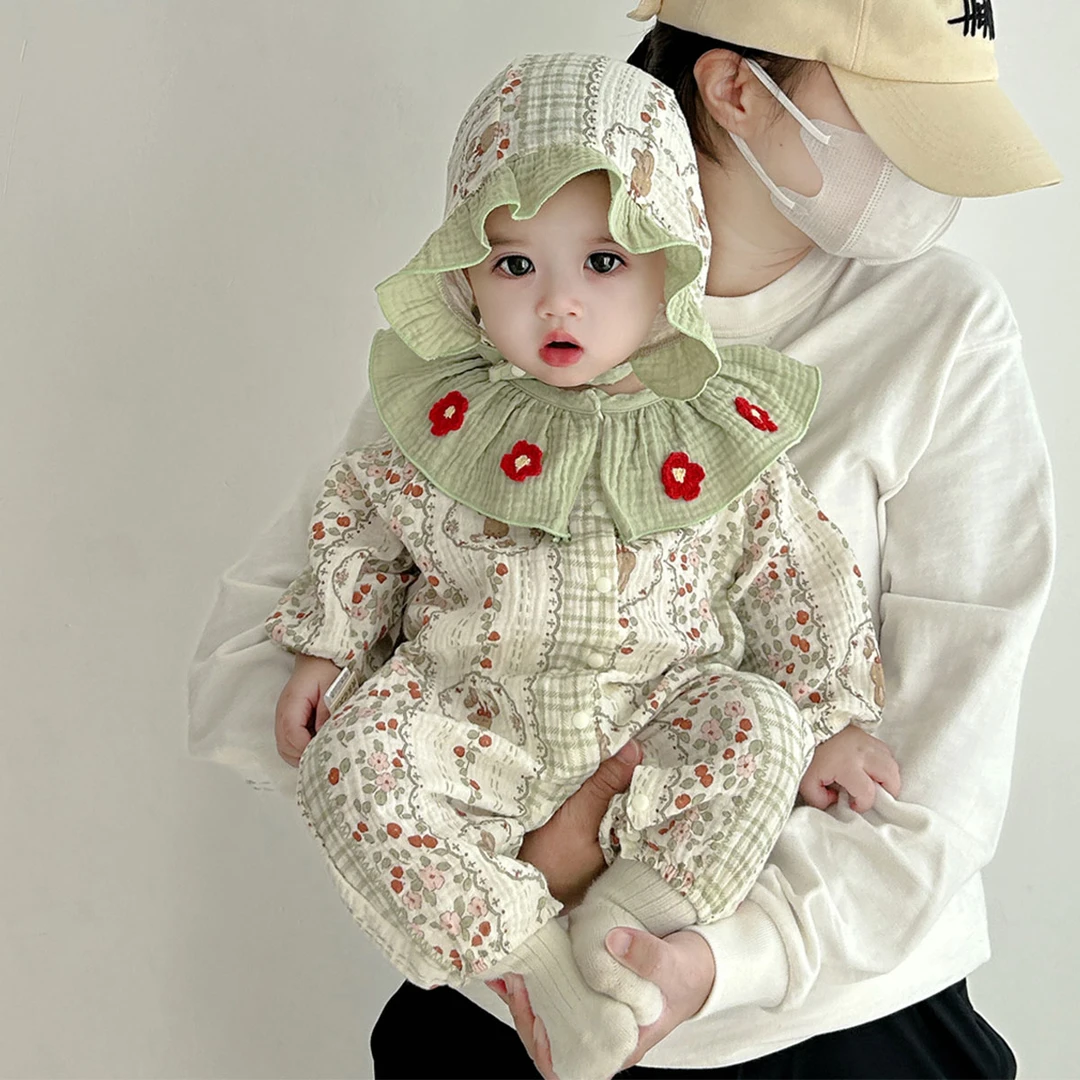 婴儿春秋装女宝宝荷叶领碎花爬服连体衣外出服婴童纱布衣服Z1282
