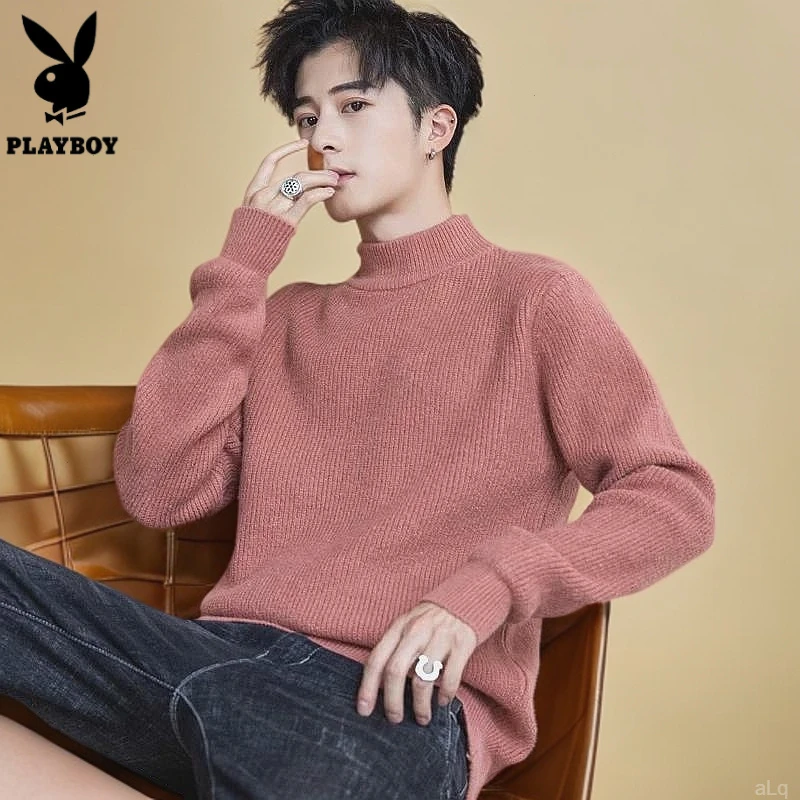 花花公子痞帅毛线衣红色潮流冬季半高领毛衣针织衫打底衫男士男款