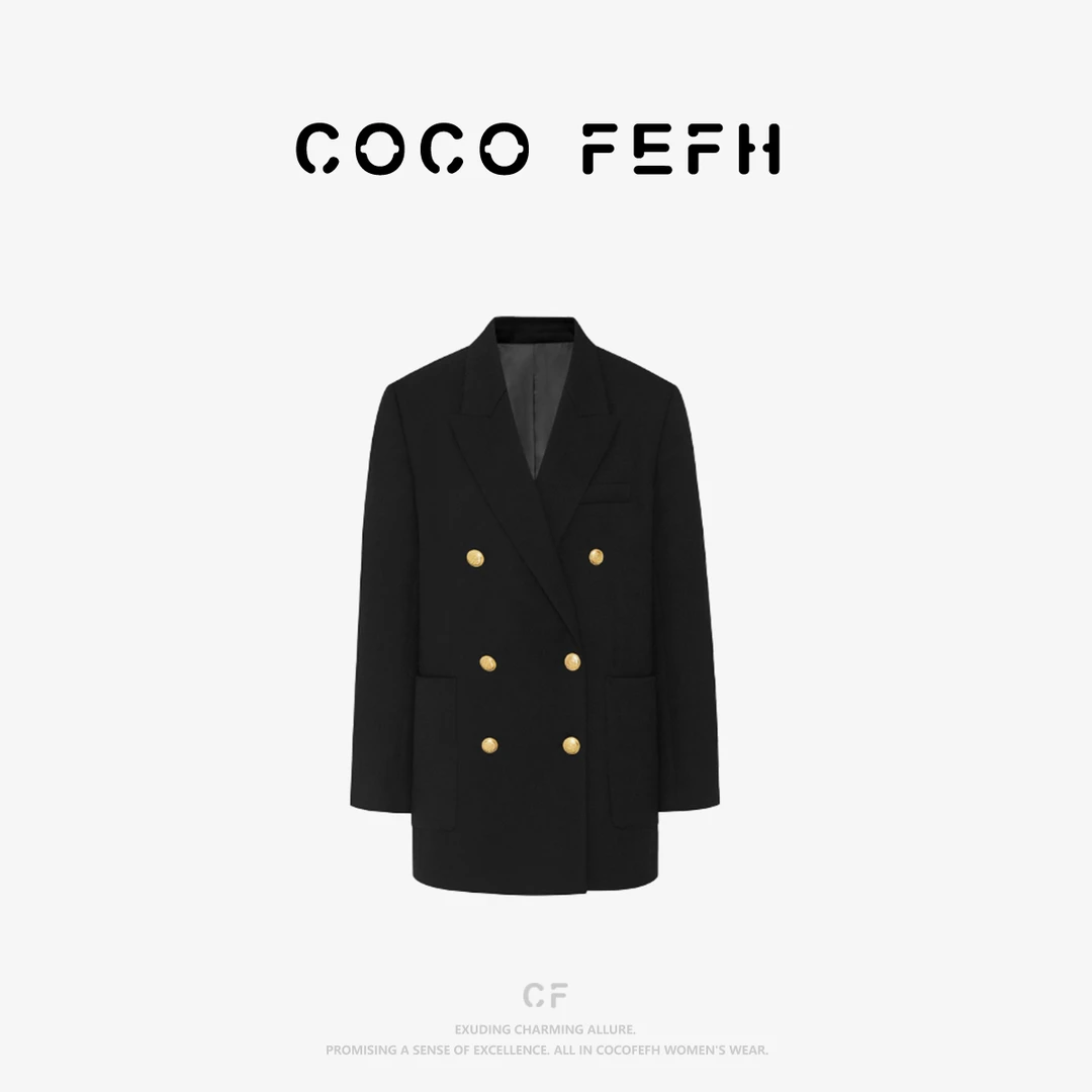 COCO FEFH 【M】春复古双排金扣宽肩风权力西装时尚外套休8120