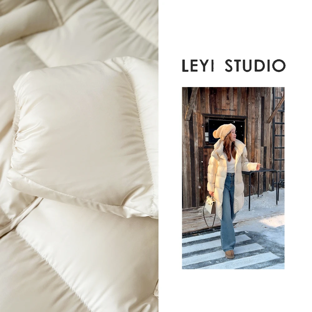 LEYI “女主角”95白鸭绒缎面光泽单排磁吸扣连帽羽绒服外套-2322