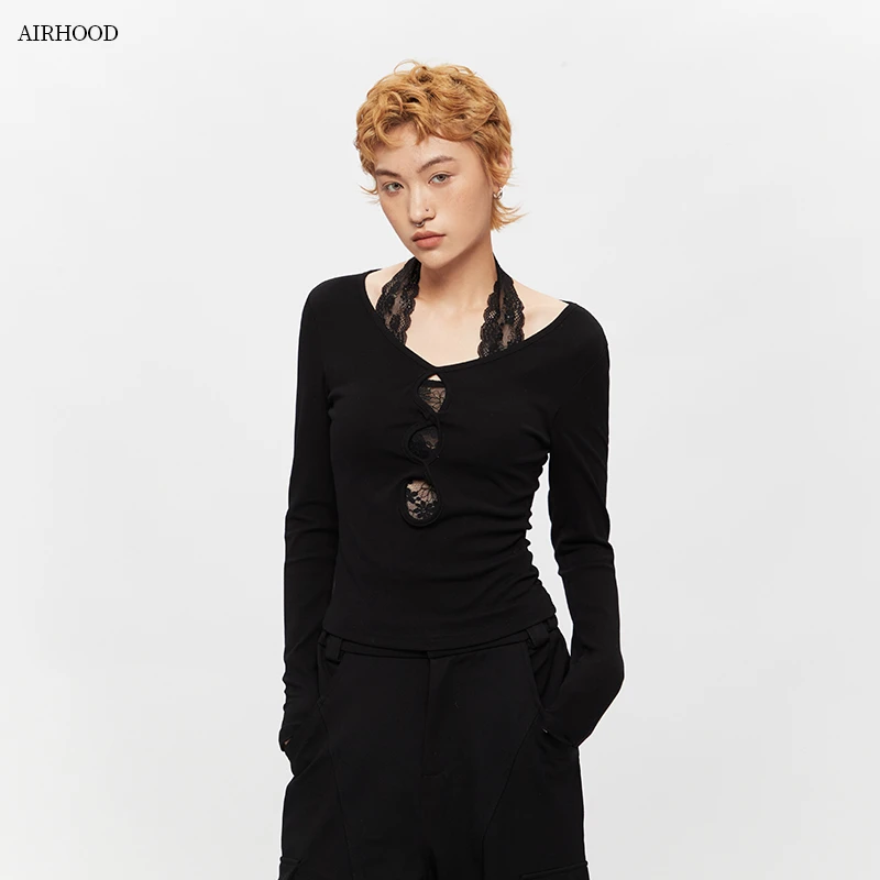 AIRHOOD 25秋季蕾丝挂脖设计感小众修身显瘦长袖辣妹上衣女N5341