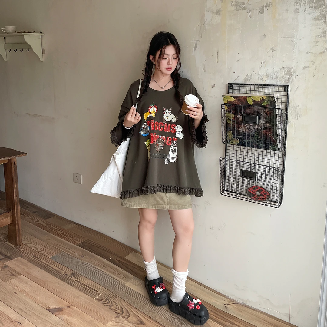 棉质做旧卡通印花精致花边短袖女大码胖mm休闲减龄T恤套头上衣