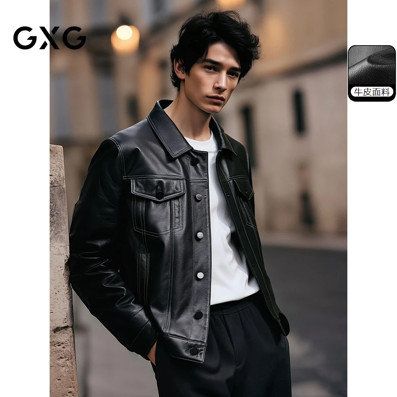 GXG男装皮夹克男款真皮皮衣轻奢时尚高档春秋翻领外套#G24D123002