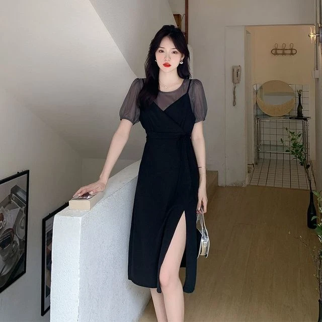 假两件连衣裙女2025夏季新款时尚休闲修身显瘦短袖雪纺拼接裙子潮