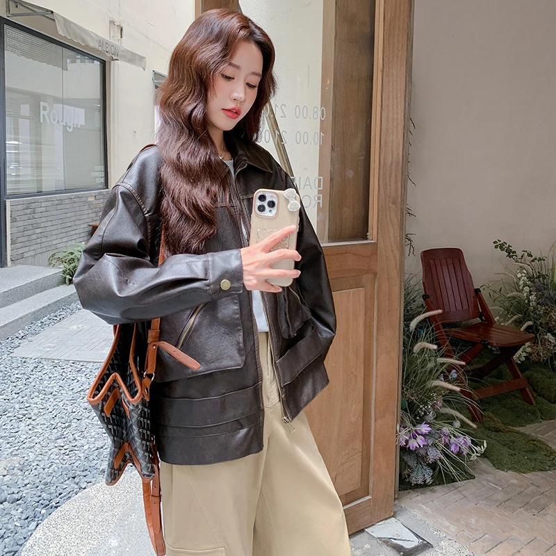 美拉德酷飒咖色皮衣女春秋大口袋宽松设计感复古美式机车外套短款