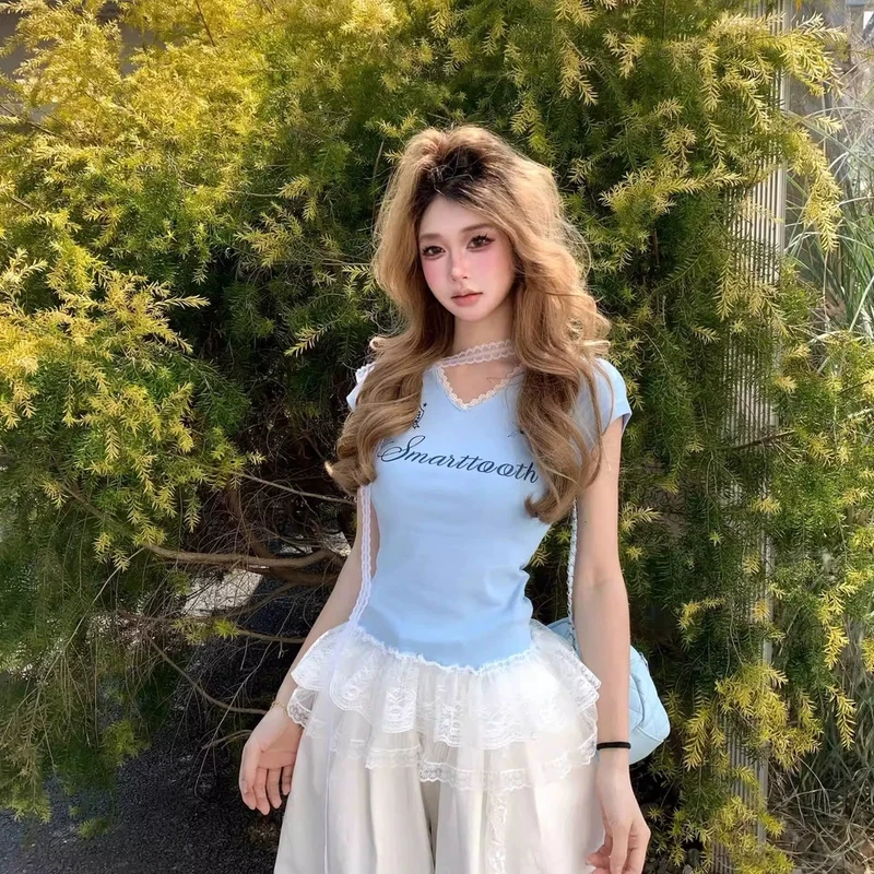 T【氧气少女】美式蕾丝拼接V领短袖t恤夏季修身显瘦设计感正肩上衣