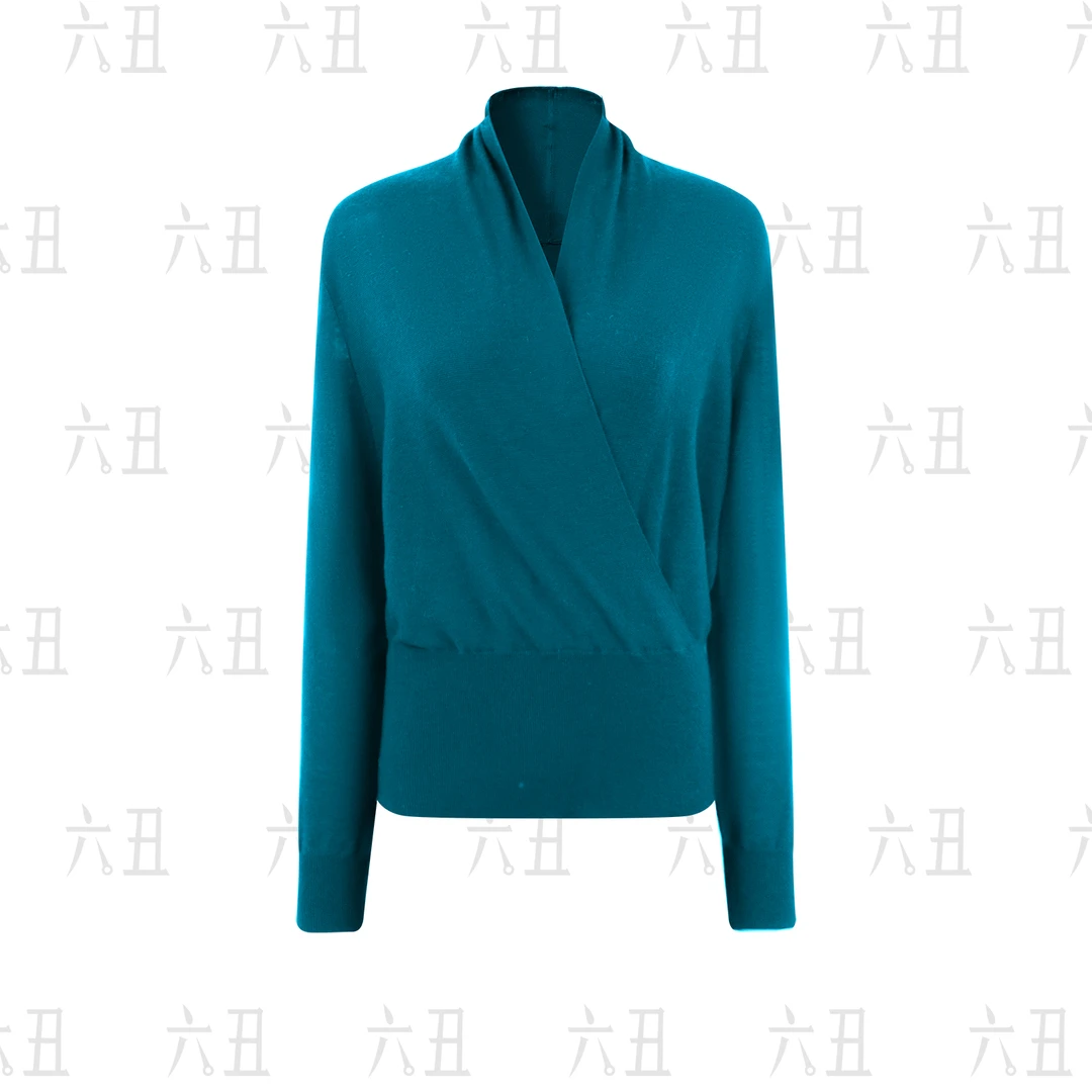 【六丑】新款时尚百搭三色交叉领收腰针织衫毛衣308AMY0028