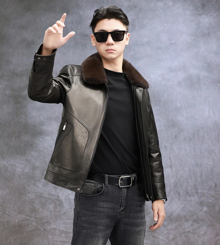 KENBINDUN/肯宾顿 2837真皮皮衣男头层山羊皮夹克脱卸鹅绒胆貂领