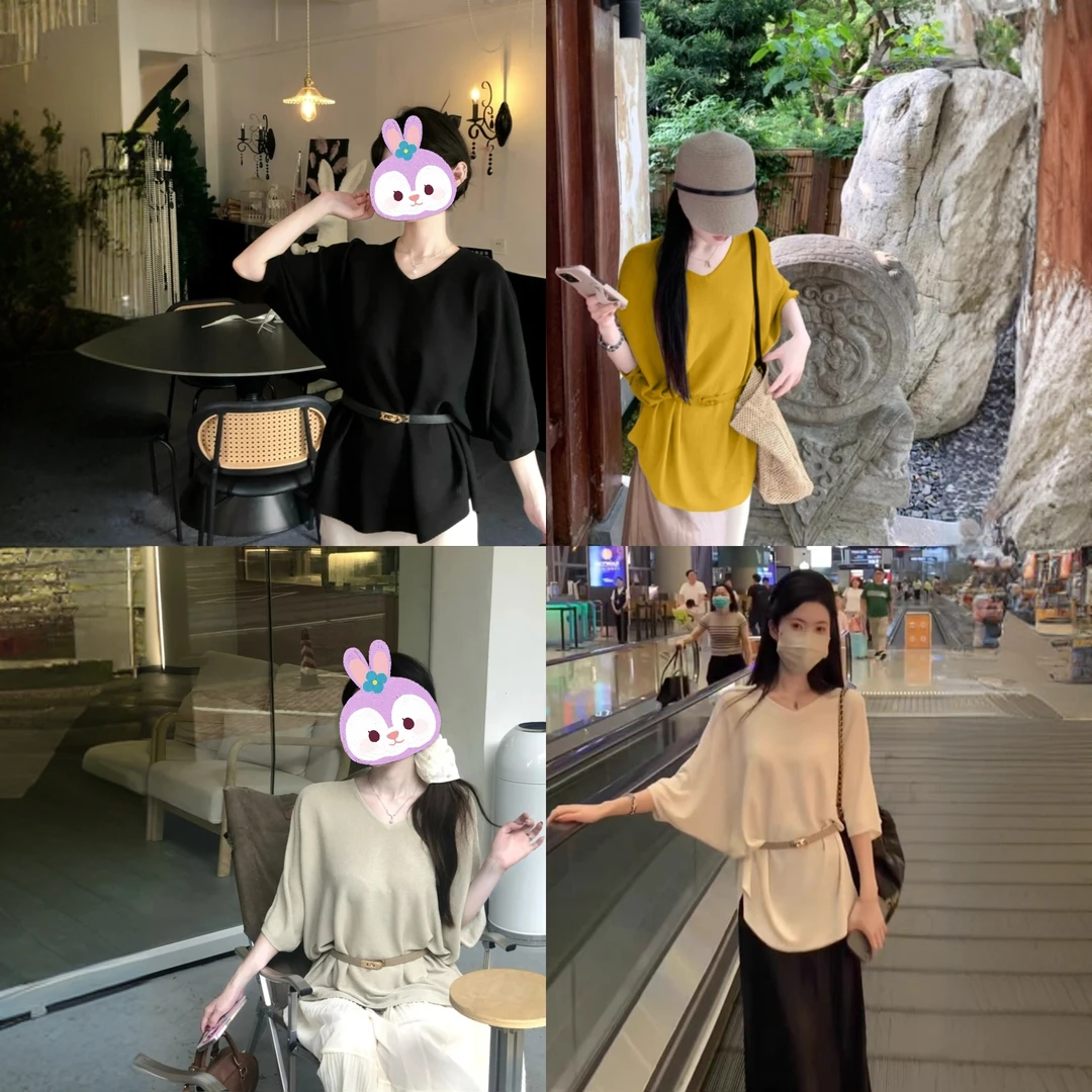 【送腰带】微胖mm大码新款宽松遮肉上衣法式V领短袖高级感纯色T恤