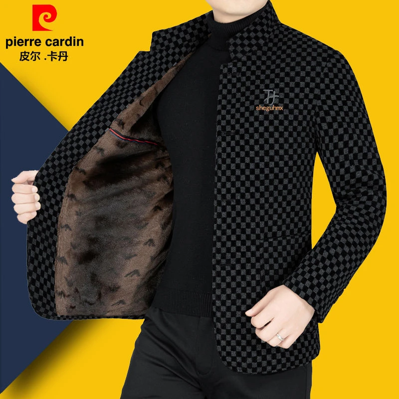 皮尔卡丹秋冬新款西装夹克加绒外套男休闲立领中山装西服夹克外套