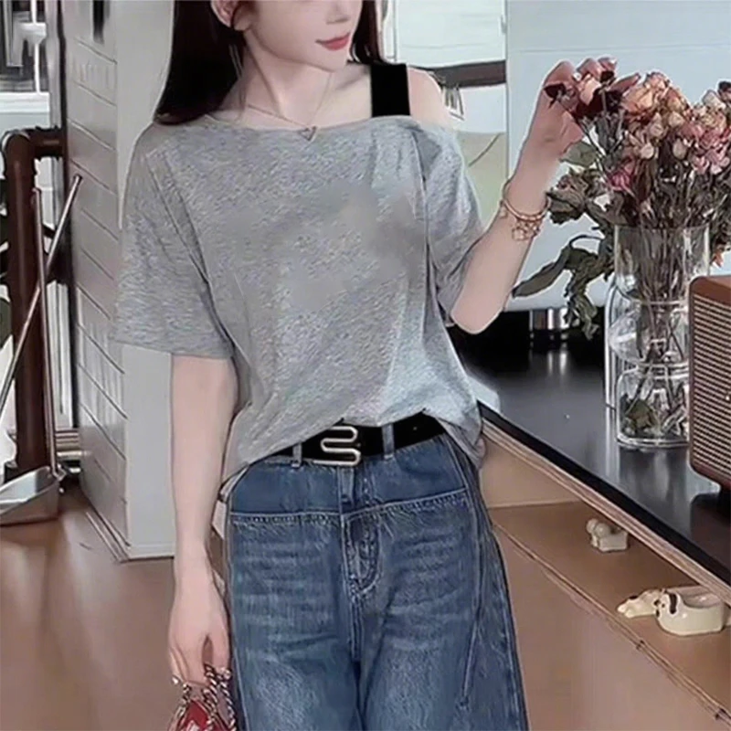 设计感假两件吊带短袖t恤女夏季薄款别致绝美正肩斜领宽松上衣