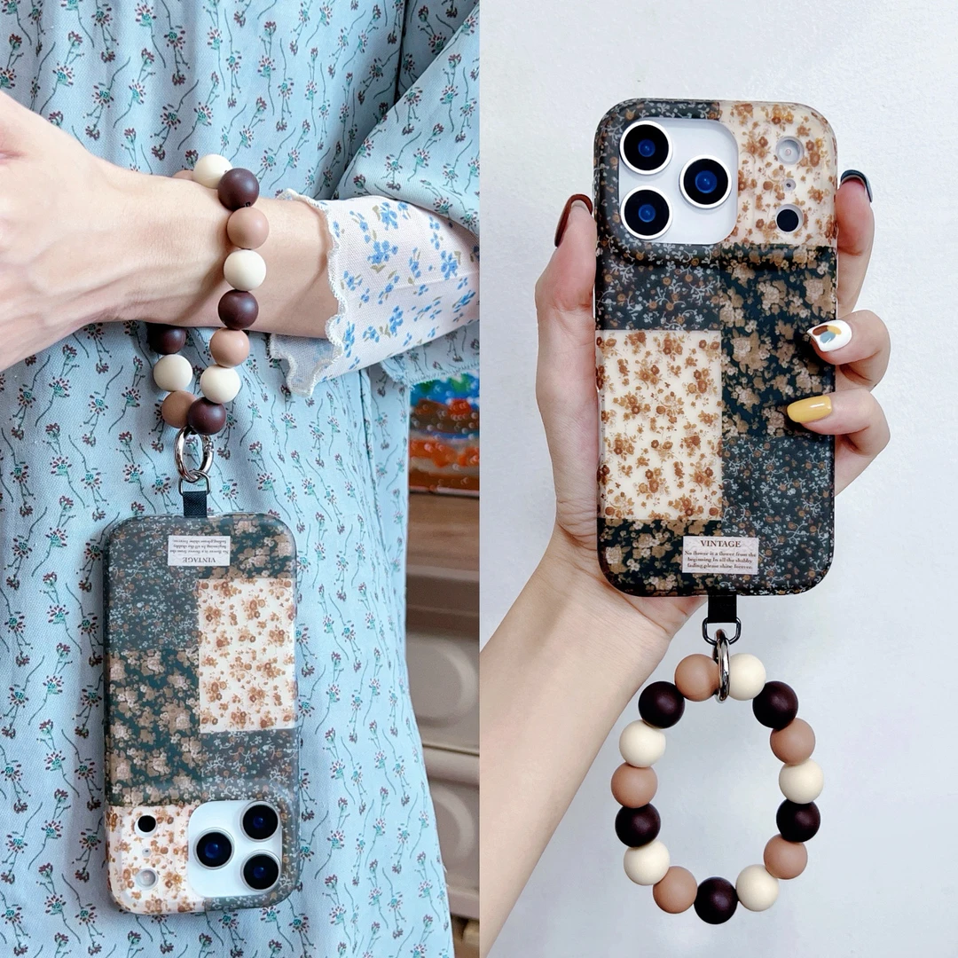 复古棕格碎花适用苹果17promax冬季iphone16pro串珠15手机壳14/13