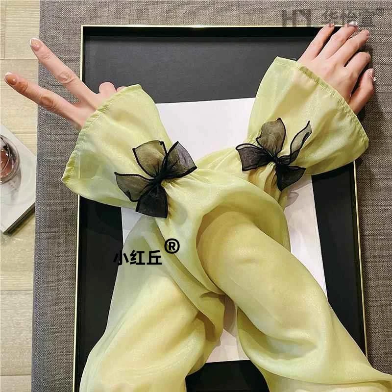 新中式国风扣夏天妈妈戴的防晒袖套女雪纺开车护臂宽松灯笼袖手袖