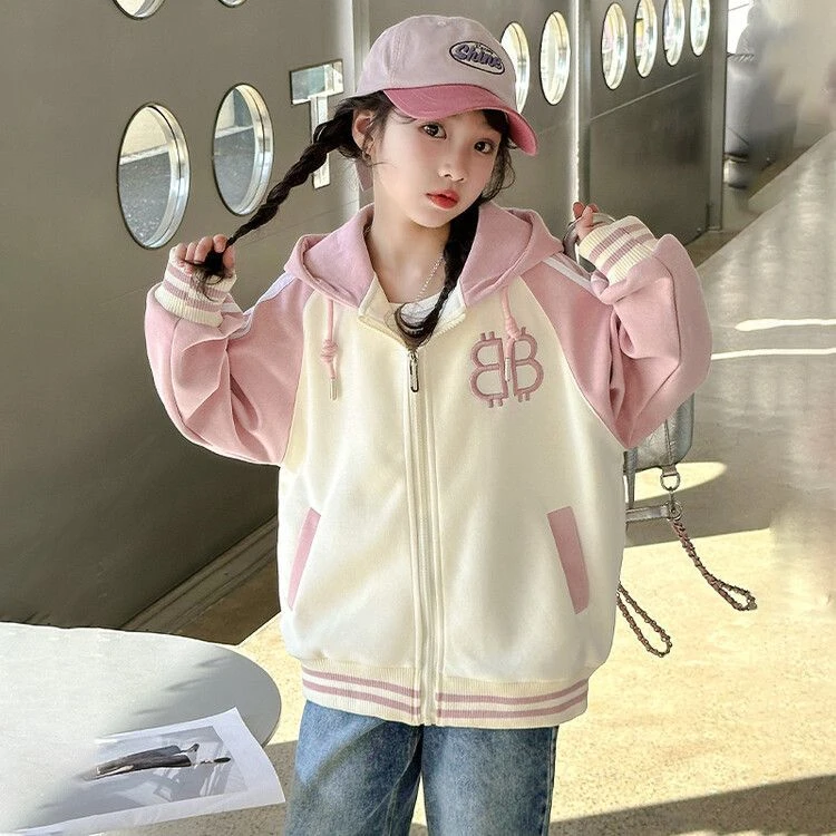 女童春秋装外套新款中大童女孩拉链上衣时髦洋气儿童连帽棒球服
