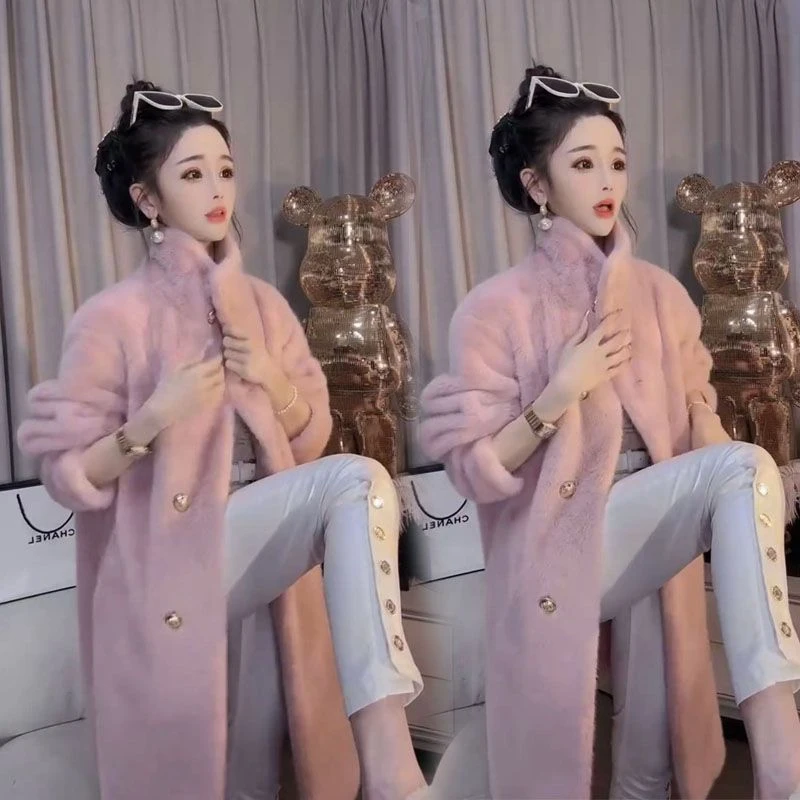 2024年冬季网红新款时尚宽松洋气甜美减龄立领毛毛中长款大外套女