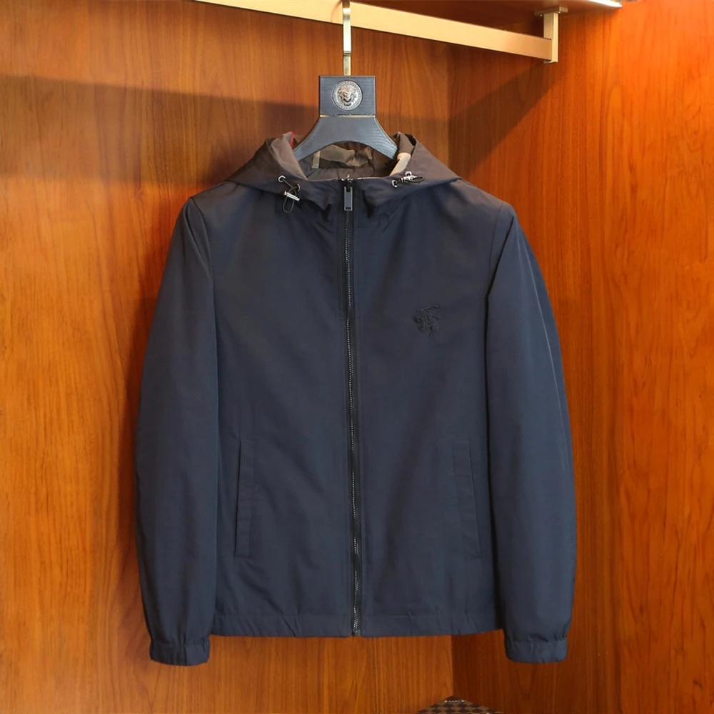 香港欧洲站秋冬季夹克衫男装潮流刺绣格子修身上衣青年连帽外套男